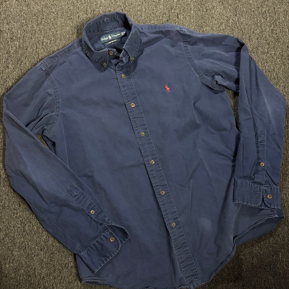 Vintage Y2k Polo Ralph Lauren Navy Button Front Longsleeve Shirt Men's Medium